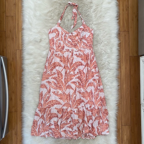 Bardot Linen Blend Pink Palm Leaf Halter Neck Flowy Tropica Midi Dress Revolve - Picture 2 of 13